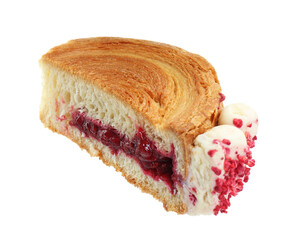 Half of round croissant with jam isolated on white. Tasty puff pastry