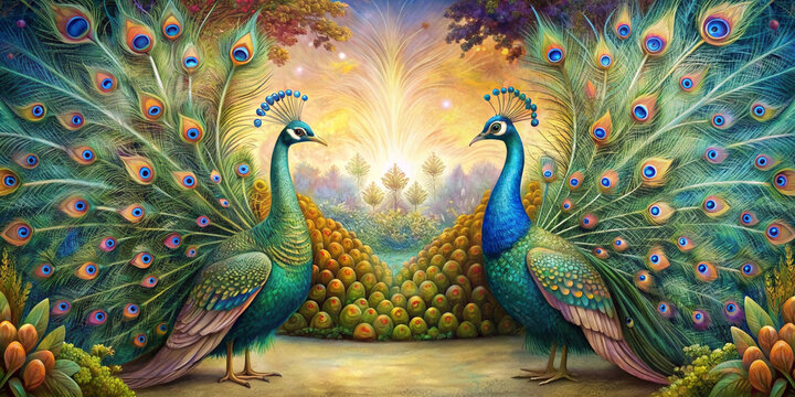 Two beautiful peacocks facing each other. Beautiful for decorating cards or other uses. It's a beautiful background.