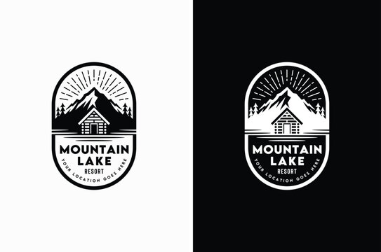 Mountain Evergreen Pine Forest view with cabin for family villa cottage house rent emblem badge label logo design