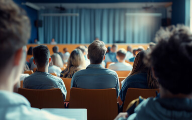 Obraz premium Students in a lecture hall, real-life photography, blue and orange tones, concept of education. Generative AI