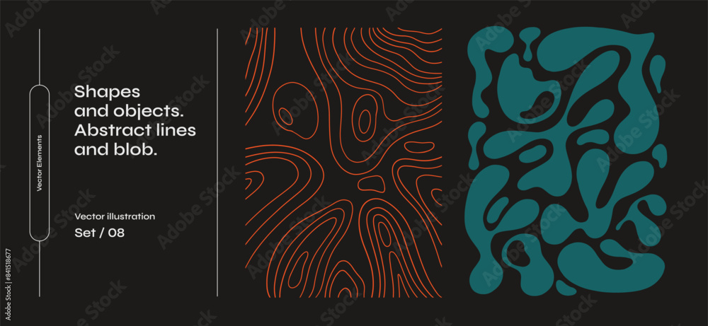 Aufkleber Set of abstract shapes and lines. Collec􀆟on of amorphous objects and drops of various irregular shapes on a dark isolated background. Graphic elements for your design.