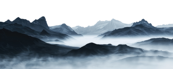 dark mountains with foggy valley isolated on white or transparent png