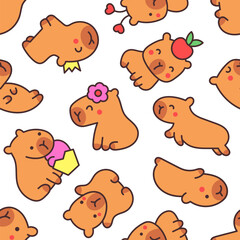 Kawaii happy capybara. Seamless pattern. Cute cartoon funny animals character. Hand drawn style. Vector drawing. Design ornaments.