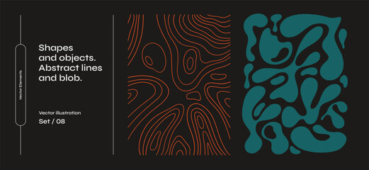 Set of abstract shapes and lines. Collec􀆟on of amorphous objects and drops of various irregular shapes on a dark isolated background. Graphic elements for your design.