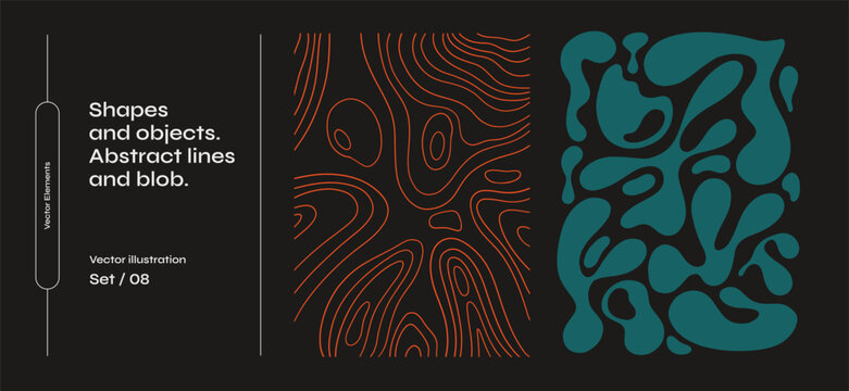 Set of abstract shapes and lines. Collec􀆟on of amorphous objects and drops of various irregular shapes on a dark isolated background. Graphic elements for your design.