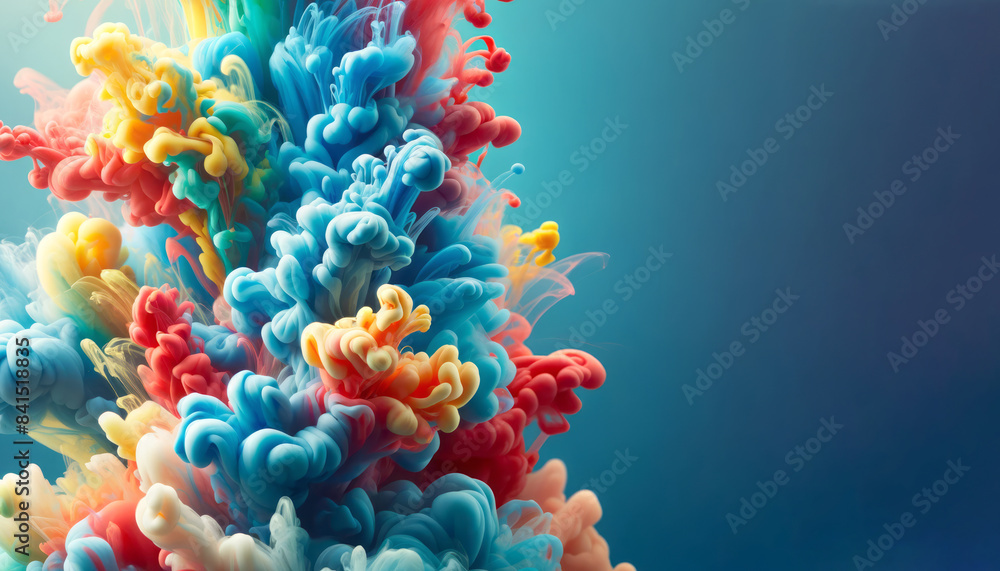 Poster swirling clouds of multicolored ink in water, vibrant and abstract, against a dark blue gradient bac