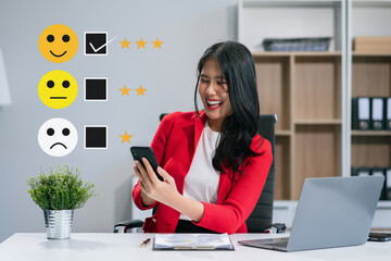 Happy Client customer experience concept. Woman recording phone inquiry with checkboxes, smiling...