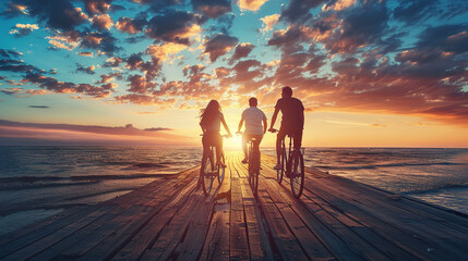 Three friends riding bikes on a wooden pier at sunset