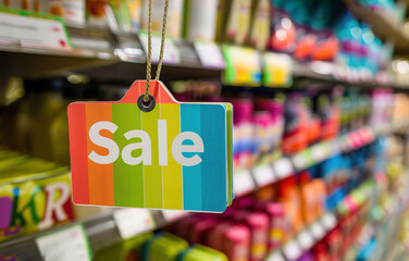 Colorful sale sign hanging in a grocery store aisle