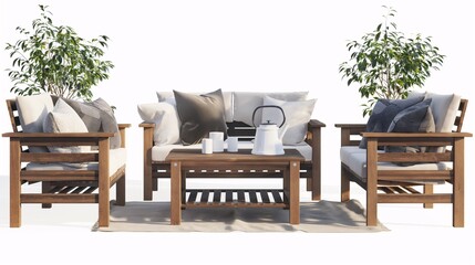 Fototapeta premium Cozy outdoor seating area with wooden furniture, cushioned seats, coffee table, and potted plants, perfect for relaxation and gatherings.