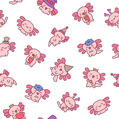 Cute kawaii little axolotl. Seamless pattern. Smiling nice cartoon animal character. Hand drawn style. Vector drawing. Design ornaments.