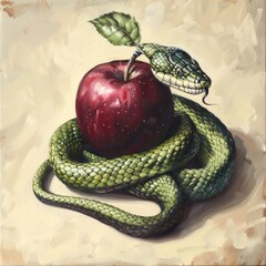 A colorful illustration of a snake coiled around a juicy apple, often used in editorial and advertising contexts