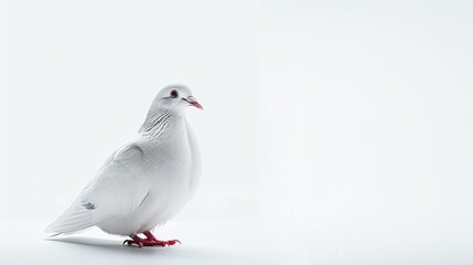 A beautiful white dove with a red beak and feet is perched on a white surface. The dove is looking to the right of the frame.