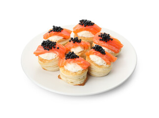 Delicious puff pastry with cream cheese, salmon and black caviar isolated on white