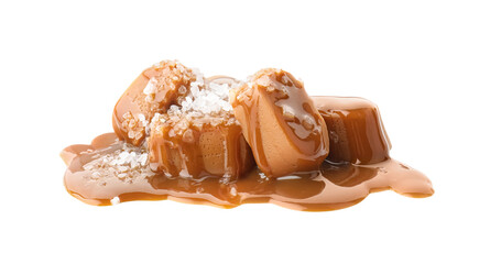 Yummy candies with caramel sauce and sea salt isolated on white
