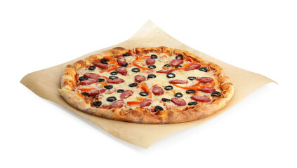 Tasty pizza with cheese, dry smoked sausages, olives and pepper isolated on white