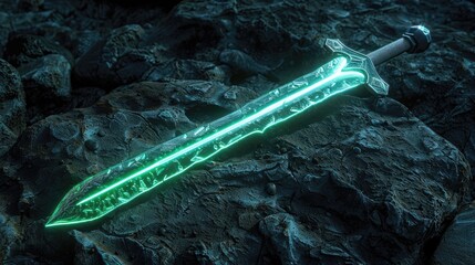glowing fantasy sword on dark rock