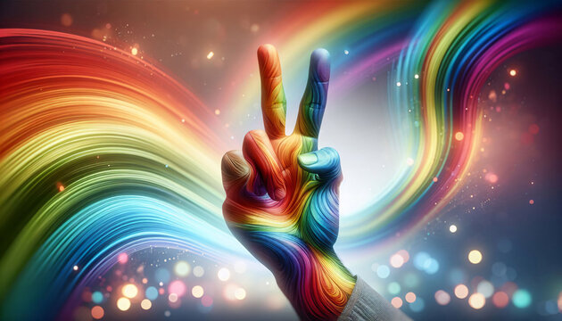 Eine in Regenbogenfarbenen bemalte Hand die mit zwei Fingern das Peace-Zeichen zeigt. 