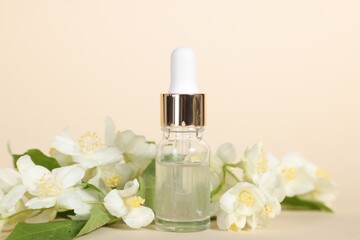 Essential oil in bottle and beautiful jasmine flowers on beige background, closeup