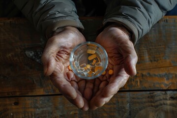 A person holding a jar of pills, useful for medical or wellness-themed images