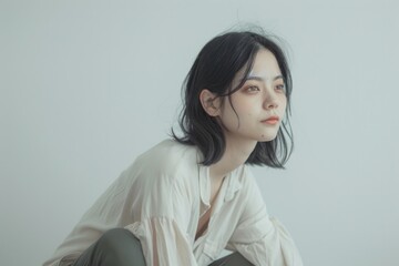 A woman wearing a white shirt and green pants, standing in a casual setting