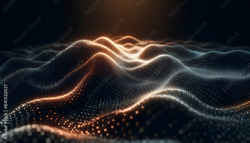 Poster futuristic glowing waves. the waves are made up of vibrant, multicolored lines and dots, creating a 