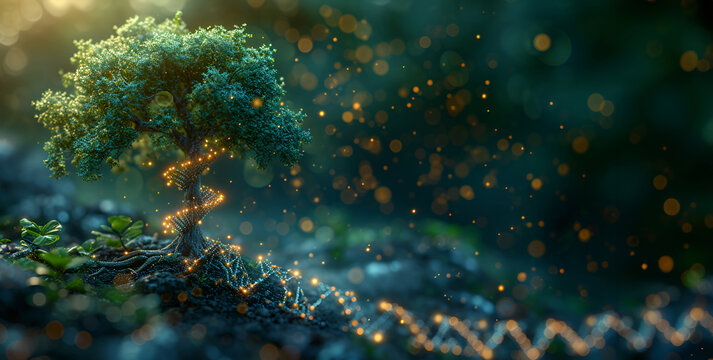 A green tree intertwined with DNA, representing biotechnology or synthetic biology