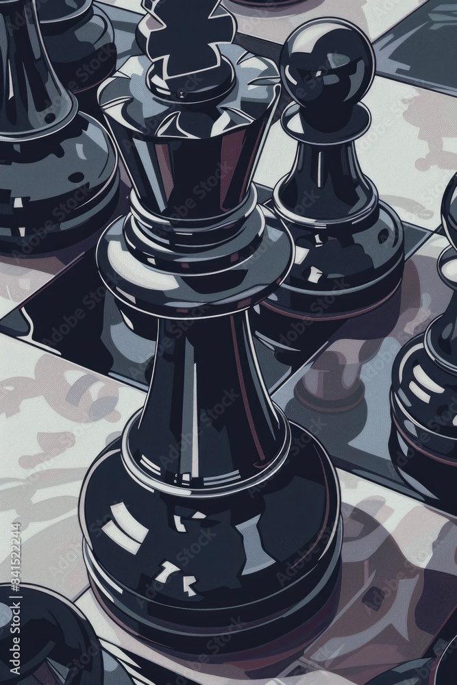 Poster group of chess pieces arranged on a chess board, great for representing strategy and competition in 
