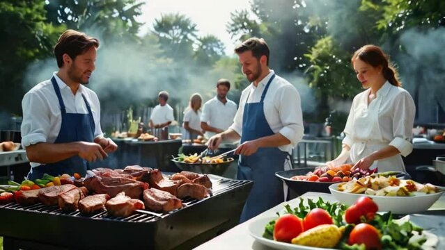 There are several people grilling food on an outdoor grill. One person is holding a large piece of meat with tongs while another person is adding vegetables to the grill. There are also bowls of food 