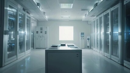 The video is likely a laboratory or research facility. There are several cabinets along the walls, a table with a computer on it in the center of the room, and a large window on the back wall. - Powered by Adobe