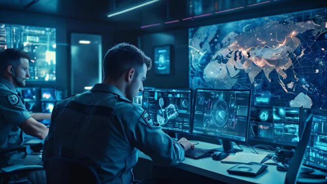 Two men in military uniforms are sitting in a dark room monitoring a large screen with a map of the world on it.