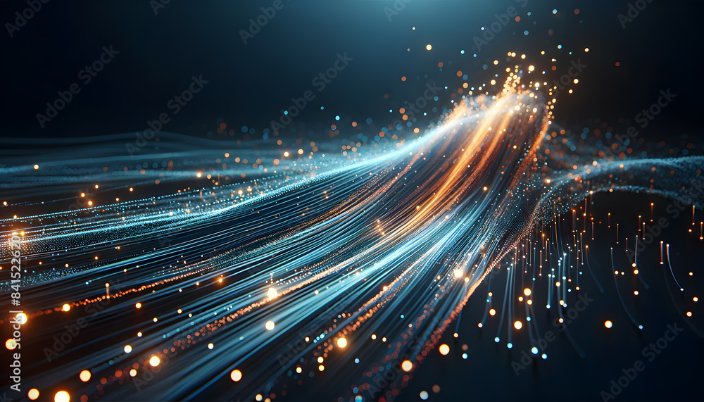 Poster futuristic glowing waves. the waves are made up of vibrant, multicolored lines and dots, creating a 
