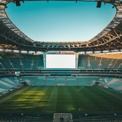 Focus shot of blank white screen inside stadium with clear sky for advertising purposes, board mockup, big blank vertical billboard in front of it