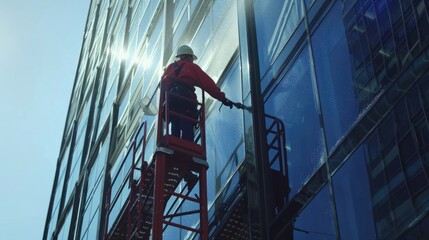 A person standing on a red ladder in front of a large building, perfect for construction or cityscape scenes