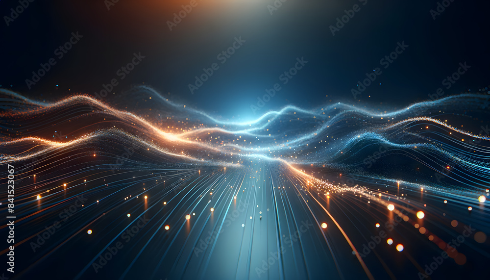 Poster futuristic glowing waves. the waves are made up of vibrant, multicolored lines and dots, creating a 