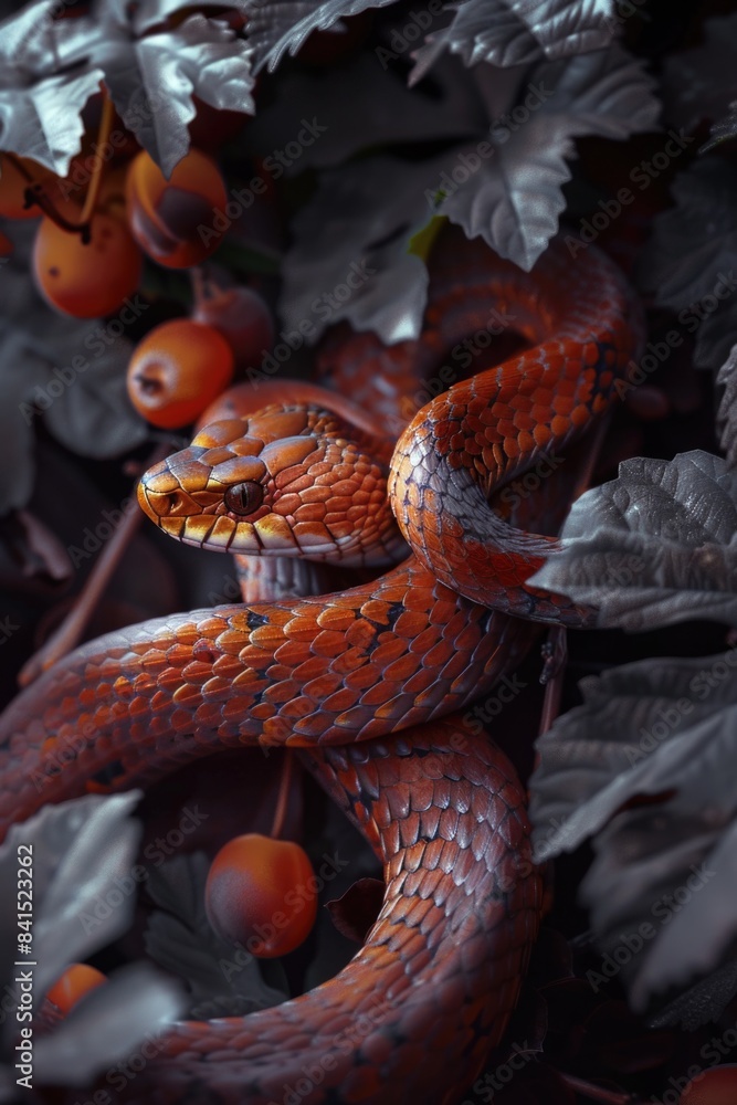 Poster a snake is curled up on the branch of a tree, showcasing its unique body shape and camouflage abilit