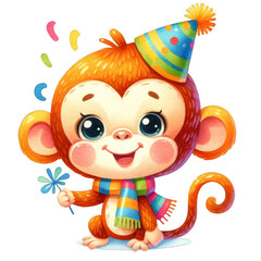 Cheerful cartoon monkey with party hat and flower, bringing joy and happiness. Ideal for birthday and celebration themes.