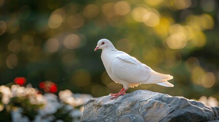 A graceful white dove stands on a rock in a garden, surrounded by soft sunlight and a blurred background of flowers.