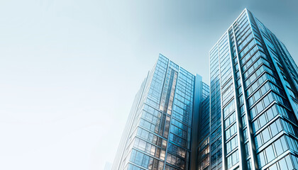 Fototapeta premium Modern skyscrapers with reflective glass facades against a clear sky, concept of urban architecture. Generative AI