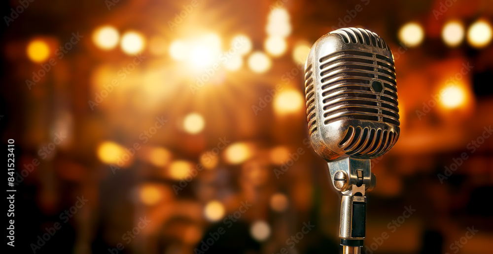 Poster A vintage microphone with a bokeh light effect in the background, illustrating a music or performance concept. Generative AI