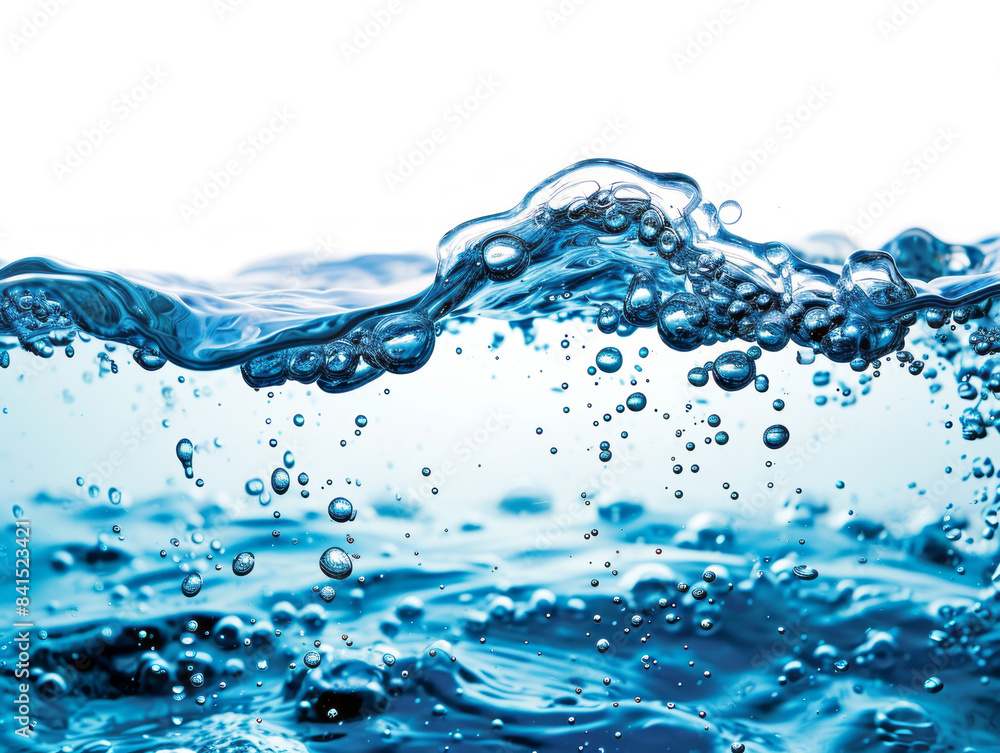 Poster close-up of water splashes and bubbles against a blue background, embodying the concept of purity an