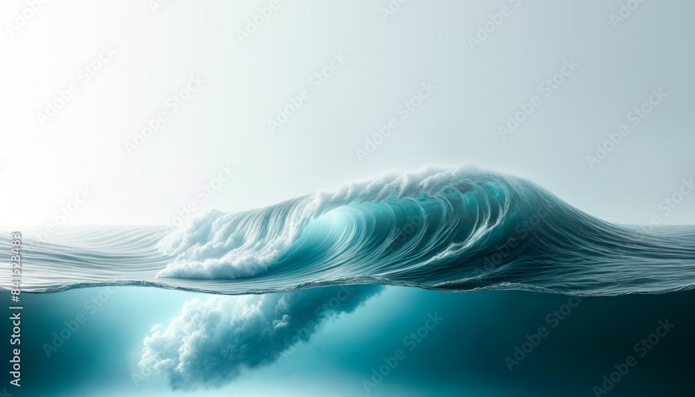 Poster a massive, photorealistic wave dominates this image, with a calm background, capturing the concept o