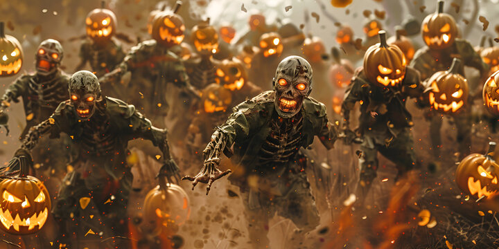 Scary zombies running in dark woods on Halloween.