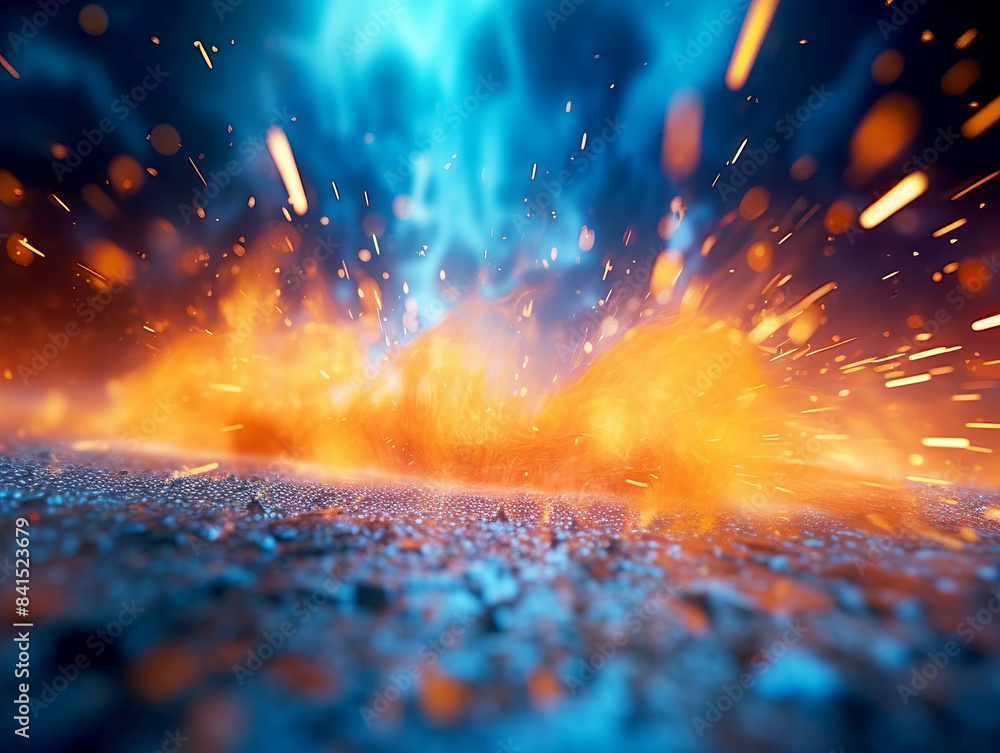 Poster an intense combustion scene with fiery orange sparks on a dark blue background, embodying a concept 