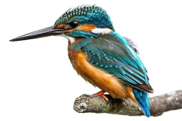 Obraz premium A vibrant bird sits atop a tree branch, surrounded by lush greenery