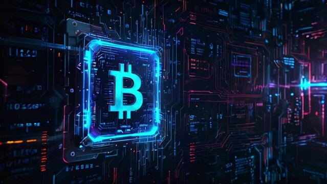 This is an illustration of a glowing blue Bitcoin logo on a black background with a circuit board pattern