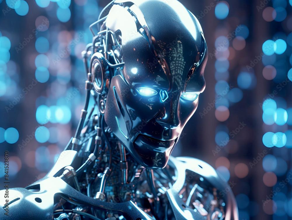 Poster Close-up of a futuristic android head, illuminated, against a bokeh light background, concept of advanced technology. Generative AI