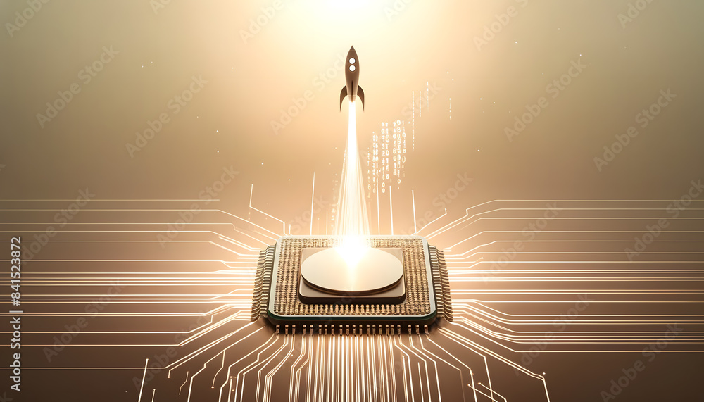 Poster a vibrant and imaginative scene featuring a rocket launching from a computer chip. the rocket ascend