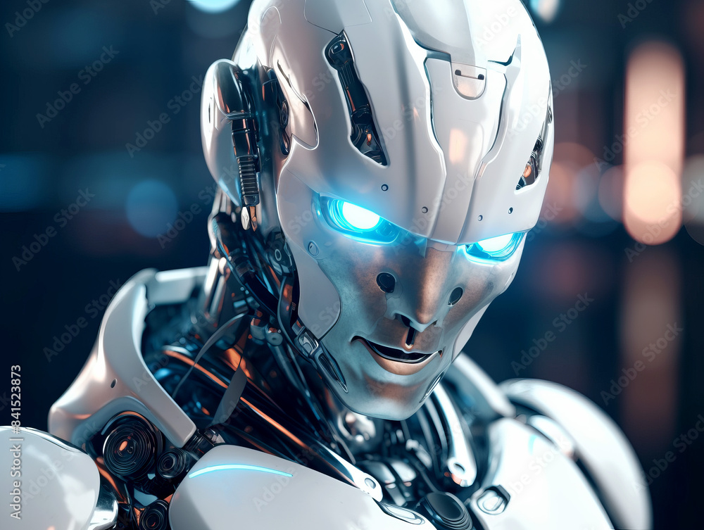 Aufkleber A close-up of an advanced humanoid robot with glowing blue eyes, set against a blurred background, concept of artificial intelligence. Generative AI