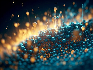 Abstract glowing particles and spheres on a dark blue background, concept of creativity. Generative AI